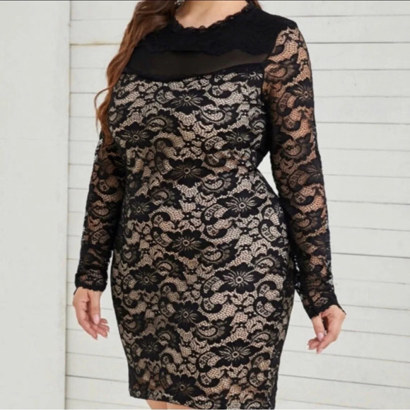 Plus Size Black Long Sleeve Lace Mesh Elegant Dress. NEW. 1XL-3XL - Picture 1 of 11